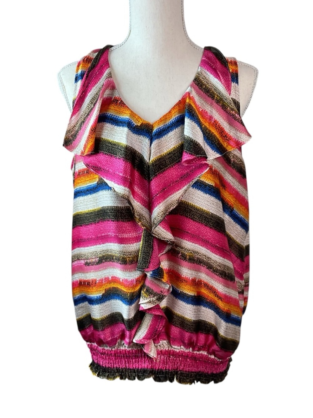 Milano Pink Multi-Stripe Ruffle Sleeveless Top L